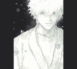 Rule 34 | 1boy, closed mouth, greyscale, hair between eyes, highres, looking at viewer, male focus, monochrome, original, pillarboxed, sankomichi, solo, upper body, white hair