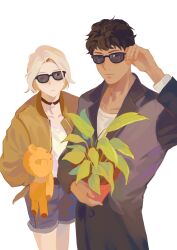 Rule 34 | 2boys, bags under eyes, black eyes, black hair, blue eyes, choker, commentary, contemporary, curly hair, dark-skinned male, dark skin, dungeon meshi, elf, english commentary, grey hair, highres, holding, holding plant, holding stuffed toy, icesii 5, jacket, kabru, looking at viewer, male focus, mithrun, multiple boys, one eye closed, plant, pointy ears, shirt, short hair, shorts, simple background, stuffed animal, stuffed toy, sunglasses, teddy bear, wavy hair, white background