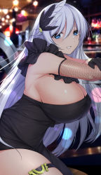 Rule 34 | 1girl, armpits, blue eyes, blurry, blush, breasts, cecilia schariac, clip studio paint (medium), commentary, depth of field, english commentary, from side, garter belt, gloves, hair between eyes, hair ornament, highres, honkai (series), honkai impact 3rd, large breasts, long hair, looking at viewer, sheita, sideboob, silver hair, smile, solo, sweat, thigh strap