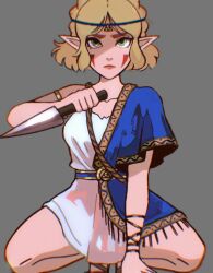 Rule 34 | 1girl, armband, blonde hair, blue shawl, breasts, cosplay, dagger, dress, facepaint, gladiator sandals, green eyes, grey background, head chain, highres, holding, holding dagger, holding knife, holding weapon, jewelry, knife, looking at viewer, medium breasts, nintendo, parted bangs, pointy ears, princess zelda, san (mononoke hime), san (mononoke hime) (cosplay), sandals, shawl, short hair, softp3ach, solo, squatting, the legend of zelda, the legend of zelda: breath of the wild, the legend of zelda: tears of the kingdom, triforce, weapon, white dress