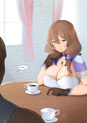 Rule 34 | ..., 1girl, breast rest, breasts, brown gloves, brown hair, cleavage, clenched hand, cup, curtains, dark-skinned male, dark skin, day, flower, from behind, genshin impact, gloves, green eyes, hair between eyes, hand on own chin, highres, huge breasts, index finger raised, indoors, light smile, lisa (genshin impact), long hair, looking at another, low ponytail, low tied hair, moebell, multicolored clothes, parted lips, plate, rose, seductive smile, sitting, smile, speech bubble, strapless, table, teacup, window