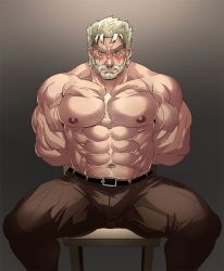 Rule 34 | 1boy, abs, arms behind back, bara, beard, blush, body hair, bound, bound wrists, bulge, chair, chest hair, facial hair, green eyes, grey hair, jojo no kimyou na bouken, joseph joestar, joseph joestar (old), large pectorals, looking at viewer, male focus, manly, muscular, nipples, old, old man, pectorals, rybiok, sitting, solo, thick eyebrows, thick thighs, thighs, topless male, upper body
