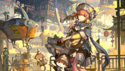 Rule 34 | 1girl, animal ears, animal hat, architecture, autumn, bag, bespin, blush, bow, brown eyes, dress, east asian architecture, fantasy, hat, lamp, lantern, looking at viewer, original, pagoda, paper lantern, power lines, railing, red hair, shoulder bag, smile, solo, tree, utility pole
