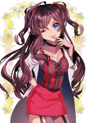 Rule 34 | 1girl, :3, arm up, black choker, blue eyes, breasts, choker, cleavage, coat, collarbone, commentary, contrapposto, cowboy shot, dress, finger to mouth, floral background, garter straps, hair ribbon, hand on own hip, head tilt, highres, ichinose shiki, idolmaster, idolmaster cinderella girls, limogesa, long hair, looking at viewer, medium breasts, one eye closed, open clothes, open coat, purple hair, red dress, ribbon, sketch, sleeveless, sleeveless dress, smile, solo, standing, two side up, very long hair, white background, white coat