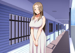 Rule 34 | 1girl, apartment, bare arms, blonde hair, blush, breasts, brown eyes, closed mouth, colored skin, covered erect nipples, door, dress, hair over shoulder, huge breasts, ikuchan kaoru, inran hitozuma no amafuwa sex life, long hair, looking at viewer, mature female, mole, mole under mouth, multicolored skin, outdoors, own hands together, shadow, sleeveless, smile, solo, standing, white dress, window