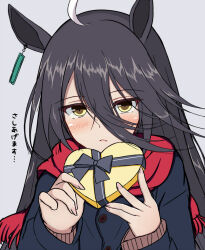 Rule 34 | 1girl, ahoge, animal ears, black coat, black hair, blush, box, brown eyes, coat, commentary request, fringe trim, gift, gift box, grey background, hair between eyes, heart, heart-shaped pupils, highres, holding, holding gift, horse ears, long hair, long sleeves, looking at viewer, manhattan cafe (umamusume), parted lips, red scarf, scarf, simple background, solo, sonosakiburi, symbol-shaped pupils, translation request, umamusume, upper body