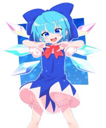 Rule 34 | 1girl, ahoge, bloomers, blue bow, blue dress, blue eyes, blue hair, border, bow, bowtie, cirno, commentary request, cowboy shot, dress, eyelashes, hair bow, happy, highres, ice, ice wings, looking at viewer, m/, open mouth, pinafore dress, puffy short sleeves, puffy sleeves, red bow, red bowtie, sakurajyousui nami, shirt, short hair, short sleeves, sleeveless dress, teeth, touhou, underwear, upper teeth only, white bloomers, white border, white shirt, wings