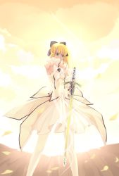 Rule 34 | ahoge, artoria pendragon (all), artoria pendragon (fate), bare shoulders, blonde hair, caliburn (fate), detached sleeves, dress, fate/grand order, fate/unlimited codes, fate (series), green eyes, highres, mao mao wansui, saber (fate), saber lily, solo, sword, thighhighs, type-moon, weapon