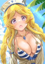 Rule 34 | 1girl, absurdres, blonde hair, blue sky, breasts, highres, jewelry, large breasts, maoo-san, necklace, open mouth, palm tree, pointy ears, princess connect!, sky, solo, swimsuit, tree, twintails, upper body, yukari (princess connect!), yukari (summer) (princess connect!)
