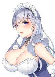 Rule 34 | absurdres, apron, azur lane, belfast (azur lane), blush, braid, breasts, buta tamako, chain, cleavage, collar, collarbone, corset, french braid, frilled apron, frills, gloves, highres, large breasts, maid, maid apron, maid headdress, purple eyes, silver hair, solo, white apron, white gloves