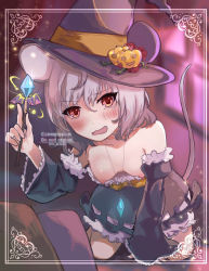 Rule 34 | 1girl, alternate costume, animal ears, blush, breasts, chidori nekoro, commentary request, commission, crystal, detached sleeves, dress, frilled dress, frilled sleeves, frills, full body, grey dress, grey hair, grey sleeves, hat, highres, holding, holding wand, jack-o&#039;-lantern hat ornament, looking at viewer, mouse ears, mouse girl, mouse tail, nazrin, nipples, open mouth, red eyes, short hair, skeb commission, small breasts, smile, solo, strapless, strapless dress, tail, touhou, wand, witch, witch hat
