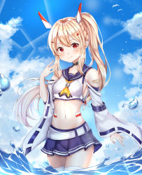 Rule 34 | 1girl, absurdres, ascot, ayanami (azur lane), azur lane, bad id, bad pixiv id, bare shoulders, belt, blue sailor collar, blue skirt, blue sky, breasts, brown hair, choker, cloud, collarbone, crop top, day, detached sleeves, ekina (1217), hair ornament, hand up, headgear, highres, long hair, long sleeves, looking at viewer, midriff, miniskirt, navel, outdoors, pleated skirt, ponytail, red eyes, retrofit (azur lane), sailor collar, shirt, sidelocks, skirt, sky, small breasts, smile, solo, standing, stomach, sunlight, thighhighs, very long hair, wading, water, white shirt, white thighhighs, wide sleeves, zettai ryouiki