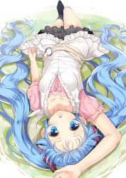 Rule 34 | 1girl, :o, arm up, blue eyes, blue hair, hatsune miku, long hair, looking at viewer, lying, matching hair/eyes, on back, open mouth, skirt, solo, twintails, upside-down, very long hair, vocaloid, yappen, yatsu (sasuraino)