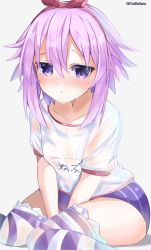 1girl absurdres bimmy blush buruma hair_between_eyes hair_ornament highres neptune_(neptunia) neptune_(series) purple_eyes purple_hair shirt short_hair sidelocks sitting solo t-shirt thighhighs wet wet_clothes