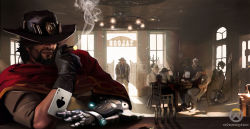 Rule 34 | ace (playing card), ace of spades, bar (place), beard, bullet, card, cassidy (overwatch), cigar, cowboy, cowboy hat, cowboy western, cyborg, facial hair, hat, hat over eyes, highres, kyungnam234, male focus, mechanical arms, multiple boys, overwatch, overwatch (logo), overwatch 1, playing card, reinhardt (overwatch), single mechanical arm, solo focus, spade (shape), western