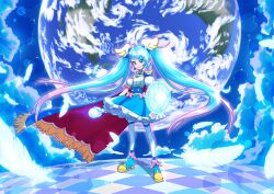 Rule 34 | 1girl, ahoge, ankle boots, blue cape, blue dress, blue eyes, blue footwear, blue hair, blue sky, boots, cape, checkered floor, chinese commentary, clenched hand, closed mouth, cloud, cloudy sky, commentary request, cure sky, cut bangs, detached sleeves, dress, earrings, earth (planet), energy barrier, energy shield, feathers, fingerless gloves, frilled dress, frills, fringe trim, gloves, gradient hair, highres, hirogaru sky! precure, holding, jewelry, lens flare, long hair, looking at viewer, magical girl, mixed-language commentary, moyuyu, multicolored hair, partial commentary, pink hair, planet, precure, puffy detached sleeves, puffy sleeves, red cape, short dress, single sidelock, sky, sky mirage, sleeveless, sleeveless dress, smile, solo, sora harewataru, standing, streaked hair, thighhighs, twintails, two-sided cape, two-sided fabric, very long hair, white gloves, white thighhighs, wind, wing hair ornament