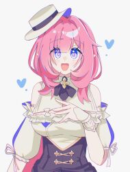 Rule 34 | 1girl, alternate costume, bare shoulders, blue eyes, blue heart, breasts, detached sleeves, elysia (honkai impact), elysia (miss pink elf) (honkai impact), hair between eyes, hand on own chest, hat, highres, honkai (series), honkai impact 3rd, long hair, looking at viewer, mi (27782900), pink hair, pink pupils, shirt, short sleeves, smile, solo, tilted hat, white background, white hat
