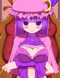 Rule 34 | 1girl, blunt bangs, blush, bra, breasts, cleavage, crescent, crossed arms, hat, jewelry, lace, lace-trimmed bra, lace trim, large breasts, long hair, long sleeves, meria (rahxephon5), necklace, patchouli knowledge, pendant, purple bra, purple eyes, purple hair, solo, touhou, underwear