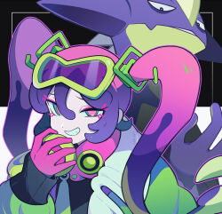 Rule 34 | 1girl, black background, blue eyes, coat, commentary, creatures (company), evil grin, evil smile, game freak, gen 8 pokemon, goggles, goggles on head, green sleeves, grin, hair between eyes, hand up, hatsune miku, holding, looking at viewer, multicolored coat, multicolored eyes, multicolored hair, nintendo, pink eyes, pink hair, poison miku (project voltage), pokemon, pokemon (creature), project voltage, puffy coat, purple hair, sasa kado (redbluemoon74), smile, solo, toxtricity, twintails, two-tone background, uneven eyes, upper body, vocaloid, white background