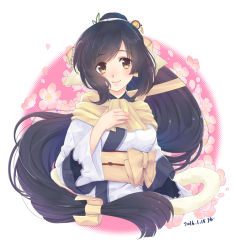 Rule 34 | 1girl, absurdly long hair, ainu clothes, animal ears, aquaplus, arm up, artist request, black hair, blush, breasts, brown eyes, cat tail, closed mouth, dress, flower, gradient eyes, hair ornament, high ponytail, kuon (utawarerumono), layered sleeves, long hair, long sleeves, low-tied long hair, medium breasts, multicolored eyes, ponytail, raised eyebrows, sash, scarf, sidelocks, smile, solo, source request, swept bangs, tail, upper body, utawarerumono, utawarerumono: itsuwari no kamen, very long hair, white tail, wide sleeves