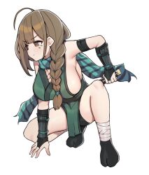 1girl aa211108 absurdres ahoge arm_guards bare_shoulders bike_shorts braid breasts brown_eyes brown_hair fingerless_gloves fishnets gloves green_scarf green_tunic highres holding holding_weapon idolmaster idolmaster_shiny_colors kneeling kuwayama_chiyuki large_breasts long_hair ninja pelvic_curtain scarf sideboob single_braid solo tabi thighs tunic weapon