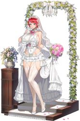 Rule 34 | 1girl, arch, blush, bouquet, breasts, bridal veil, bride, carpet, cherry blossoms, collar, covered navel, dress, earrings, falling leaves, floral arch, flower, frilled collar, frilled gloves, frilled skirt, frills, front-seamed legwear, full body, game cg, gloves, gold earrings, groin, hair bun, high heels, highres, hip vent, holding, holding bouquet, hongryeon (last origin), huge breasts, jewelry, last origin, leaf, looking at viewer, mole, mole under eye, neck flower, official alternate costume, official art, pink flower, pink ribbon, purple eyes, purple flower, red hair, revealing clothes, ribbon, seamed legwear, see-through, showgirl skirt, simple background, single hair bun, skirt, smile, solo, stairs, strappy heels, tachi-e, taesi, thick thighs, thighhighs, thighs, tiara, transparent background, vase, veil, wedding dress, white collar, white dress, white flower, white footwear, white gloves, white thighhighs