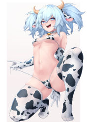 Rule 34 | 1girl, absurdres, alternate costume, animal ears, animal print, bare shoulders, bell, bikini, bikini pull, blue eyes, blue hair, blush, breasts, clothes pull, collar, commentary request, cow ears, cow girl, cow horns, cow print, cow print bikini, cowbell, elbow gloves, fang, full body, girls&#039; frontline, gloves, hair ornament, highleg, highleg bikini, highres, horns, long hair, looking at viewer, mari0ball, micro bikini, navel, neck bell, open mouth, pa-15 (girls&#039; frontline), print bikini, side-tie bikini bottom, simple background, smile, solo, spread legs, string bikini, swimsuit, tail, thighhighs, thighs, twintails, underboob, untied bikini, v, white background