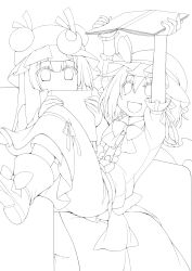 Rule 34 | 2girls, bat wings, book, crescent, eichi yuu, fang, greyscale, hat, highres, lineart, long hair, monochrome, multiple girls, open mouth, patchouli knowledge, pointy ears, remilia scarlet, short hair, smile, touhou, transparent background, wings, wrist cuffs