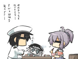 Rule 34 | 10s, 1boy, 2girls, :t, = =, abyssal ship, admiral (kancolle), ahoge, aoba (kancolle), armband, blue hair, bowl, chibi, chopsticks, eating, giving, goma (gomasamune), hat, jitome, kantai collection, light purple hair, multiple girls, ponytail, religious offering, rice, school uniform, serafuku, silver hair, sitting, skirt, soy sauce, table, teeth, translation request, wo-class aircraft carrier