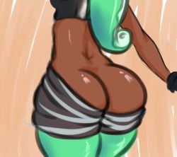 Rule 34 | 1girl, artist request, ass, butt crack, close-up, clothes pull, dark-skinned female, dark skin, female focus, green pantyhose, huge ass, marina (splatoon), nintendo, octoling, pants, pants pull, pantyhose, shiny skin, solo, source request, splatoon (series), tentacle hair, thick thighs, thighs, wide hips