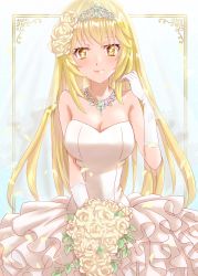 Rule 34 | 1girl, absurdres, ayuko (ayuko54bornthisway), blonde hair, bouquet, breasts, bridal veil, cleavage, closed mouth, collarbone, diadem, dress, elbow gloves, flower, framed, gloves, hair flower, hair ornament, highres, holding, holding bouquet, jewelry, large breasts, layered dress, long hair, looking at viewer, necklace, rose, shokuhou misaki, smile, solo, standing, straight hair, strapless, strapless dress, symbol-shaped pupils, toaru kagaku no railgun, toaru majutsu no index, toaru majutsu no index gaiden: toaru kagaku no mental out, veil, very long hair, wedding dress, white dress, white flower, white gloves, white rose, yellow eyes