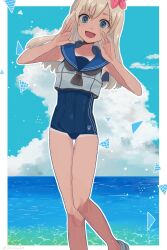 Rule 34 | 1girl, blonde hair, blue eyes, chio (chiochiabe), crop top, flower, hair flower, hair ornament, highres, kantai collection, long hair, looking at viewer, one-piece swimsuit, one-piece tan, open mouth, ro-500 (kancolle), sailor collar, school swimsuit, smile, solo, swimsuit, swimsuit under clothes, tan, tanline