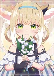 Rule 34 | 1girl, animal ear fluff, animal ears, arknights, bare shoulders, black gloves, blue hairband, braid, braided hair rings, closed mouth, commentary request, eyebrows hidden by hair, flower, fox ears, fox girl, fox tail, gloves, green eyes, hair rings, hairband, highres, holding, holding flower, kitsune, light brown hair, lily of the valley, looking at viewer, shirt, smile, solo, suzuran (arknights), tail, twin braids, upper body, white shirt, yokuto