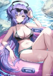 1girl ;) absurdres bikini black_bikini black_halo blue_archive blue_nails bnari breasts cleavage eyewear_on_head halo highres large_breasts long_hair navel one_eye_closed outdoors purple_eyes purple_hair smile solo sunglasses swim_ring swimsuit twitter_username two_side_up water yuuka_(blue_archive)