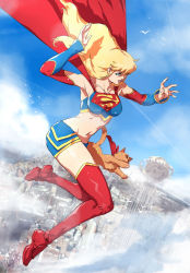 Rule 34 | 1girl, alien, ame-comi, animification, blonde hair, blue eyes, boots, cape, cat, crop top, dc comics, detached sleeves, flying, halterneck, highres, kryptonian, legs, long hair, long legs, midriff, miniskirt, navel, s shield, santi casas, shirt, skirt, smile, streaky, streaky the supercat, supergirl, superman (series), taut clothes, taut shirt, thigh boots, thighhighs, thighs