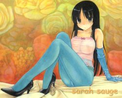 Rule 34 | 1girl, acrylic paint (medium), akiyama mio, aqua pantyhose, arm support, black eyes, black hair, blue pantyhose, breasts, camisole, cleavage, don&#039;t say &quot;lazy&quot;, elbow gloves, gloves, high heels, hime cut, k-on!, large breasts, legs, lingerie, long hair, nipples, painting (medium), panties, panties under pantyhose, pantyhose, pumps, sarah sauge, see-through, shirt, shoes, signature, solo, taut clothes, taut shirt, traditional media, underwear