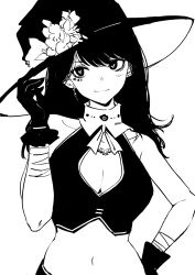 Rule 34 | 1girl, adjusting clothes, adjusting headwear, bare shoulders, black gloves, breasts, cleavage, crop top, earrings, flower, gloves, hand on own hip, hat, hat flower, heart, heart-shaped pupils, highres, jewelry, kajino (aosansai), large breasts, looking at viewer, medium hair, midriff, mole, mole under eye, monochrome, multiple moles, navel, original, simple background, solo, symbol-shaped pupils