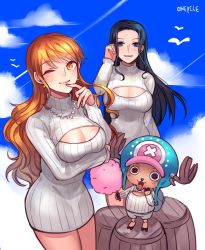 Rule 34 | 2girls, black hair, blue eyes, breasts, cleavage, copyright name, cotton candy, earrings, jewelry, long hair, looking at viewer, multiple girls, nami (one piece), necklace, nico robin, one piece, open-chest sweater, orange eyes, orange hair, ribbed sweater, sanme, smile, sweater, tony tony chopper, wink