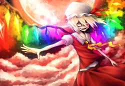 Rule 34 | 1girl, bad id, bad pixiv id, blonde hair, cloud, constricted pupils, crazy eyes, crazy smile, crystal, fangs, female focus, flandre scarlet, full moon, glowing, h2c, hat, highres, moon, necktie, night, outstretched arm, red clouds, red eyes, red moon, short hair, side ponytail, skirt, sky, smile, solo, touhou, wings