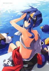 Rule 34 | 10s, 1girl, absurdres, ass, blue eyes, blue hair, choujigen game neptune, disgaea, female focus, flat chest, goggles, goggles on head, highres, long hair, looking at viewer, looking back, matching hair/eyes, neptune (series), nippon ichi, nippon ichi (neptunia), official art, prinny, sarashi, solo, tsunako