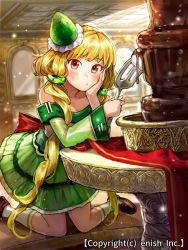 Rule 34 | 1girl, bad id, bad pixiv id, blonde hair, blush, character request, head rest, chocolate, company name, detached sleeves, dragon tactics, dress, fork, green dress, hair ornament, ichinose777, indoors, kneeling, light particles, long hair, official art, red eyes, shoes, sleeveless, sleeveless dress, socks, solo, twintails, very long hair, watermark