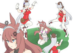 Rule 34 | 2girls, ahoge, anger vein, animal ears, bag, between legs, blue eyes, blunt bangs, boots, breasts, bright pupils, brown hair, buttons, dancing, double-breasted, dress, ear covers, gold ship (umamusume), grey hair, grey skirt, hair between eyes, hat, horse ears, horse girl, horse tail, jitome, large breasts, long hair, mihono bourbon (umamusume), miniskirt, multiple girls, open mouth, pants, pantyhose, parted lips, pillbox hat, red dress, seiza, shiseki hirame, short dress, sitting, skirt, split mouth, tail, tail between legs, thighhighs, umamusume, very long hair, white footwear, white legwear, white pants, white pupils