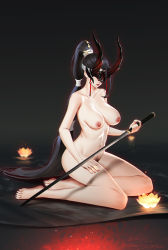 Rule 34 | 1girl, absurdres, barefoot, black background, black hair, black nails, blindfold, breasts, closed mouth, collarbone, completely nude, female pubic hair, full body, high ponytail, highres, holding, holding sword, holding weapon, horns, izaac, lamp, large breasts, lipstick, long hair, makeup, mole, mole on breast, mole under mouth, nail polish, ning hongye (yong jie wujian), nipples, nude, pubic hair, red lips, red nails, simple background, sitting, solo, sword, toenail polish, toenails, very long hair, weapon, yokozuwari, yong jie wujian