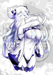 Rule 34 | 1girl, abyssal ship, breasts, character name, colored skin, covered erect nipples, cropped legs, hair bun, highres, horns, jacket, kantai collection, large breasts, long hair, looking at viewer, multicolored hair, ofuda, oso (toolate), panties, purple eyes, purple hair, simple background, single hair bun, sleeves past fingers, sleeves past wrists, solo, super heavy bomber airfield princess, torn clothes, torn panties, twitter username, underwear, very long hair, watermark, web address, white hair, white jacket, white skin