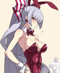 Rule 34 | 2girls, :&lt;, animal ears, blood, blush, bow, bowtie, breasts, camcorder, detached collar, earrings, fishnet pantyhose, fishnets, flying sweatdrops, fujiwara no mokou, gloves, hair bow, hand on own hip, highres, jewelry, kamishirasawa keine, large breasts, leotard, long hair, multiple girls, nosebleed, pantyhose, pink eyes, playboy bunny, ponytail, profile, rabbit ears, silver hair, sweat, touhou, touya (the-moon), upper body, very long hair, video camera, white gloves, wrist cuffs