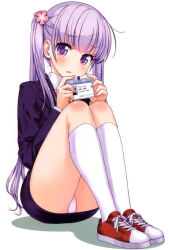 Rule 34 | 1girl, artist request, blush, business suit, dot nose, female focus, flower hair ornament, formal, full body, hair ornament, holding, holding name tag, legs, long hair, long sleeves, looking at viewer, name tag, new game!, open mouth, panties, purple eyes, purple hair, shoes, simple background, sitting, sneakers, socks, solo, source request, suit, suzukaze aoba, thighhighs, underwear, white background, white socks