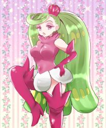 Rule 34 | 1girl, absurdres, boots, breasts, covered navel, creatures (company), crown, elbow gloves, eyeshadow, floral background, game freak, gen 7 pokemon, gloves, green hair, hand on own hip, hands on own hips, highres, irumu (i rumu gi7), long hair, makeup, nintendo, personification, pink background, pink eyes, pink footwear, pink gloves, pokemon, simple background, skirt, sleeveless, solo, standing, standing on one leg, striped, striped background, thigh boots, thighhighs, tsareena, very long hair, white skirt
