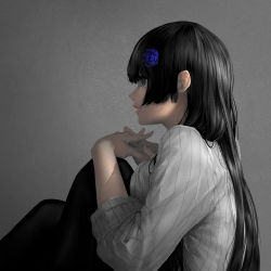 Rule 34 | 1girl, @ @, absurdres, black eyes, black hair, black skirt, blue flower, blue rose, blunt bangs, botan mochito, breasts, closed mouth, commentary request, female focus, flower, from side, grey background, grey sweater, hair flower, hair ornament, hands up, highres, hime cut, interlocked fingers, knee to chest, knees up, lips, long hair, long skirt, long sleeves, looking away, medium breasts, nose, original, own hands together, profile, ribbed sweater, ringed eyes, rose, sidelocks, sitting, skirt, sleeves rolled up, solo, sweater