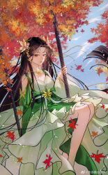 Rule 34 | 1girl, absurdres, artist request, baiguio (zhu xian), bare legs, blue sky, brown hair, butterfly hair ornament, closed mouth, clothing cutout, cloud, dress, dust, earrings, facial mark, forehead mark, green dress, hair ornament, highres, jewelry, long hair, maple tree, necklace, sash, shoulder cutout, sitting, sky, smile, solo, swing set, third-party source, tree, zhu xian