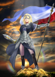 Rule 34 | 1girl, armor, armored dress, black socks, blonde hair, blue eyes, boots, circlet, dress, fate/apocrypha, fate/stay night, fate (series), flag, french flag, full body, gauntlets, headpiece, highres, jeanne d&#039;arc (fate), jeanne d&#039;arc (ruler) (fate), kneehighs, long hair, lxz198908, socks, solo, standing, sunset, sword, thighhighs, weapon